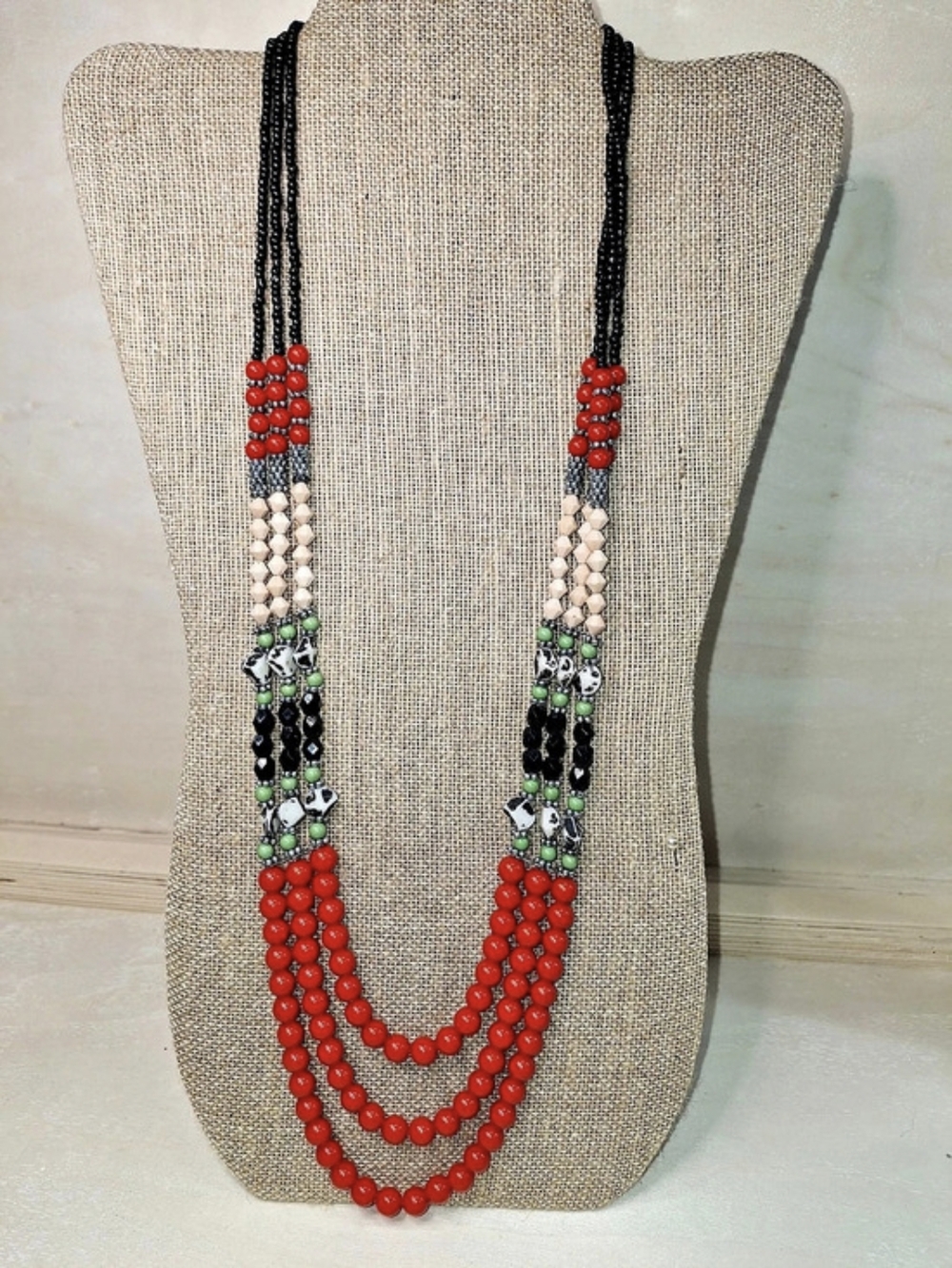 Long Multistrand Beaded Necklace in Red & Black Like New